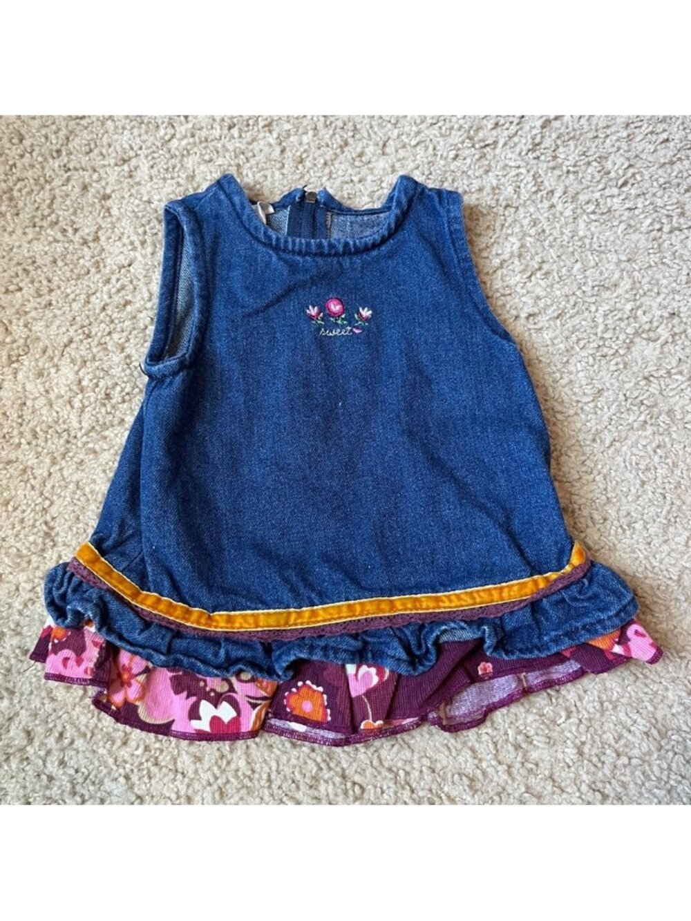 Baby Girl 3-6m Vintage Denim Jean Dress Corduroy Hem Sweet Embroidered Flowers
